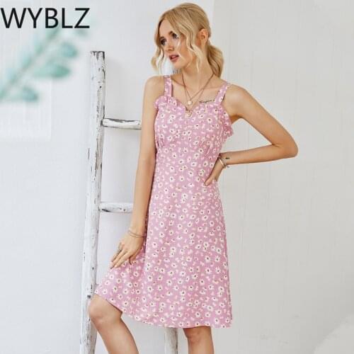 WYBLZ Boho Casual Sundress Summer Women Beach Dresses Sexy Strap Daisy Print Mini Dress Sleeveless Girl 2021 Female Vestido Pink