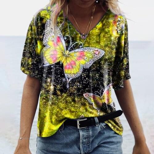 Plus Size Women Clothing 3d Butterfly Print T Shirt Summer 2021 Casual V-neck Loose Pullover Shirt Ladies Tops Large Size 3xl