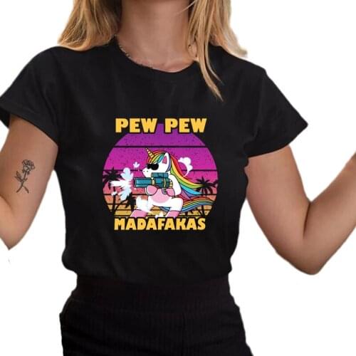 Pew Pew Madafakas Magical Unicorn Print T-shirts Women Summer 2021 Anime Cat Graphic Tees Funny Loose O-Neck Harajuku Tops