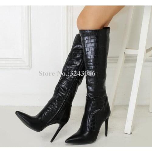 Women Black Crocodile Leather Knee High Long Boots Sexy Pointed Toe Stiletto Heel Near the Knee Boots Lady Designer Party Shoes