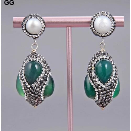 GG Jewelry White Pearl Green Agates Earrings For Women CZ Stud
