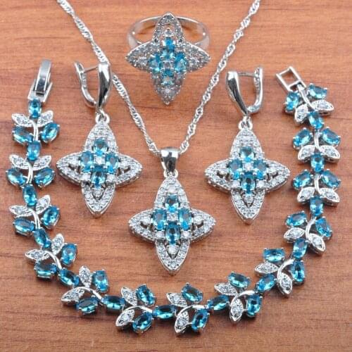 Star Women Jewelry Sky Blue Natural Zircon Silver Color Jewelry Set Earrings Necklace Pendant Rings Bracelet Set JS0344