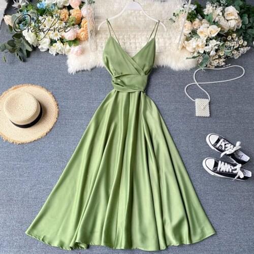 Ordifree 2021 Summer Women Satin Slip Maxi Dress Backless Tunic Belted Elegant Long Vacation Party Dress
