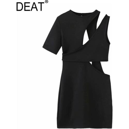 [DEAT] 2021 Summer New Fashion Tide Round Neck High Waist Hollow Out Short Sleeve Solid Color Sexy Style Dress Women 13C942