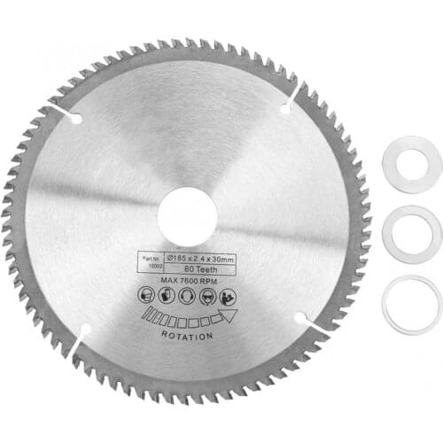 185mm Silver TCT Circular for Wood Cutting 80 Teeth + 3Pcs Reduction Rings Tool
