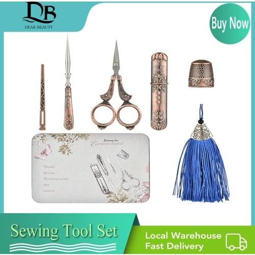 6Pcs Sewing Tool Set Vintage Scissors Needle Bottle Thimble Sewing Kits For Needlework With Storage Box
