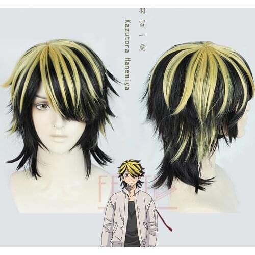 Anime Tokyo Revengers Hanemiya Kazutora Cosplay Wig Black Golden Wig Tokyo Manji Gang Captain Heat Synthetic Fiber Hair Wig Cap