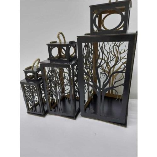 Tree Pattern Wooden Lantern Decorative Candle Holder Candlestick Set of 3 Authentic, Modern Accessory