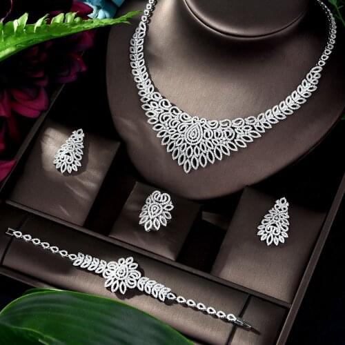 HIBRIDE Luxury Geometric Design Bridal Nigerian Wedding Jewelry Sets African Costume Big 4pc Set for Women Accessories N-1180