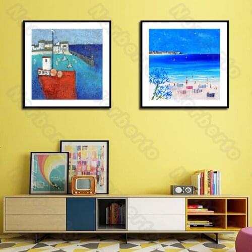 Modern Style Canvas Painting Wall Poster Deep Blue Sky and Sea Beach Red Houses for Living Room Bedroom Restaurant Decoration