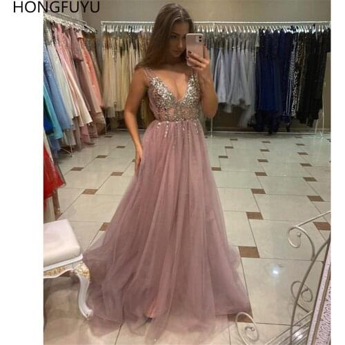 HONGFUYU Sexy High Slit Sleeveless Long Prom Dresses 2020 Backless A Line Beading Floor Length Sequined Prom Dress HFY102301