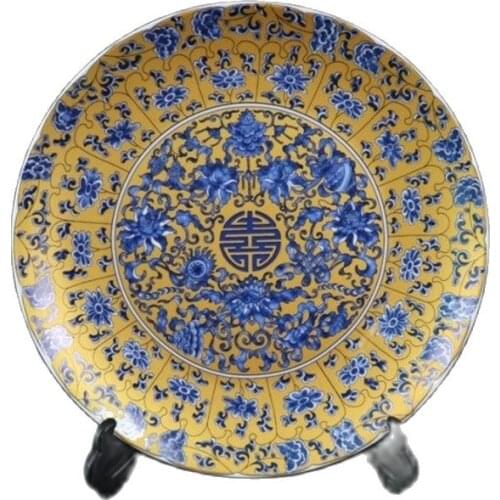 Chinese Old Porcelain Golden Blue And White Longevity Pattern Appreciation Plate