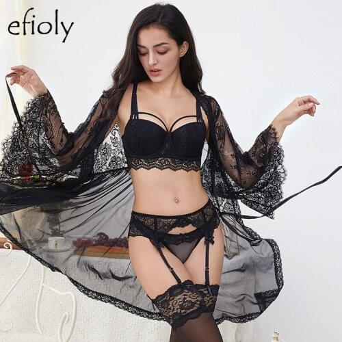 2019 New Deep V Bra Set Push Up Bra + Panties + Garter Lace Embroidery Underwear Set Sexy Lingerie Simple Suit lingerie bras