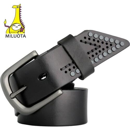 [MILUOTA] Vintage Belt Man Luxury Rivets Designer Belts Men High Quality 100% Genuine Leather Strap MU057
