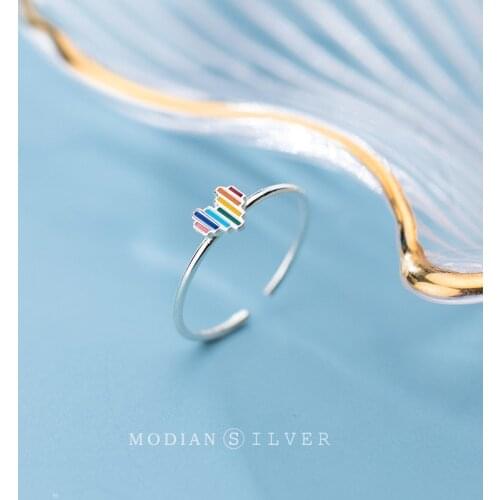 Modian Hot Sale 925 Sterling Silver Cute Multi-Color Rainbow Heart Finger Rings For Women Fashion Free Size Ring Fine Jewelry