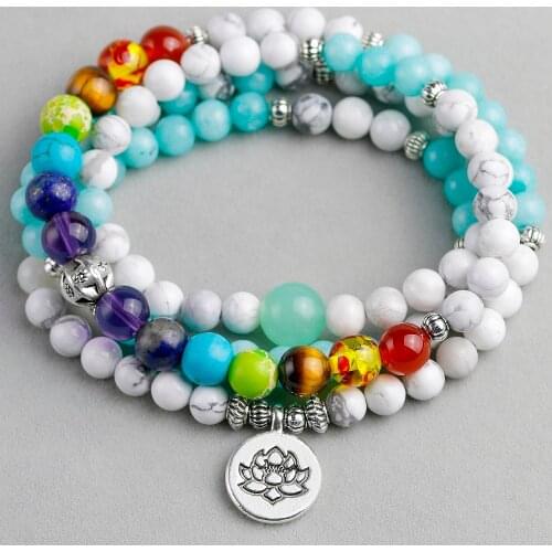 Men Women 7 Chakra Yoga Bracelet White Howlite Healing Reiki Prayer Mala Balance Buddha Beads Bracelet Bangles Tree Jewelry