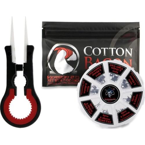 Organic Cotton + Vaper Tweezers + 8 in 1 Prebuilt Coil Kit Twisted Alien Clapton Wire DIY Tools for Electronic Cigarette RBA RDA
