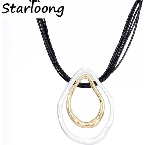 New Fashion vintage Multiple round circles zinc alloy pendant multi-layer genuine black leather chain choker necklaces