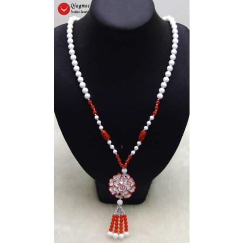 Qingmos Fashion Red Ceramics 40mm Flower Pendant Necklace for Women Tridacna White Shell Giant Clam Long Necklace 26" Sweater