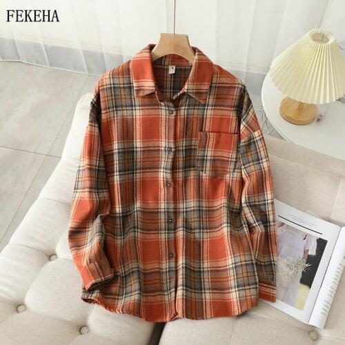 Winter Woolen Women Plaid Shirts Loose Blouses Thick Lady Tops Female Clothes Outwear Autumn News
