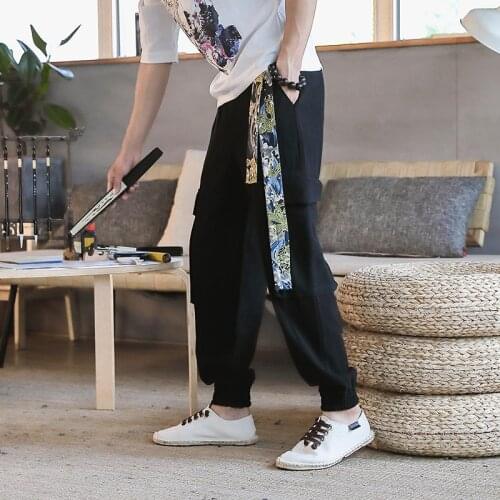 #8056 Spring Summer Japanese Streetwear Vintage Harem Pants Men Blue Grey Loose Cotton Linen Pants Loose Joggers Side Pockets