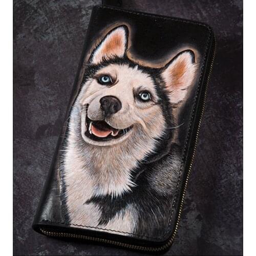 High-grade Handmade Husky Wallets Purses Women Men Long Clutch Vegetable Tanned Leather Wallet