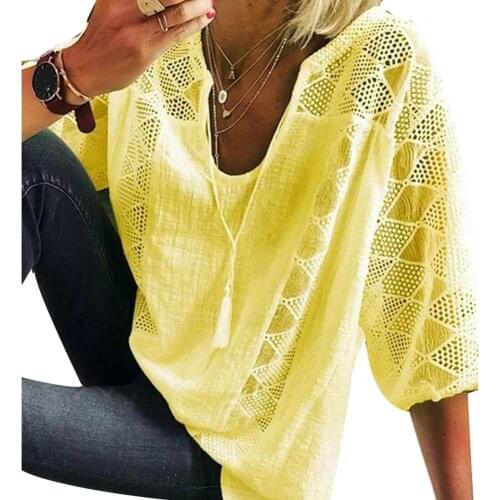 Casual Loose Women Blouse Summer Sexy V Neck Lace Up Shirt Spring Three Quarter Sleeve Hollow Out Drawstring T-Shirt Lace Tops