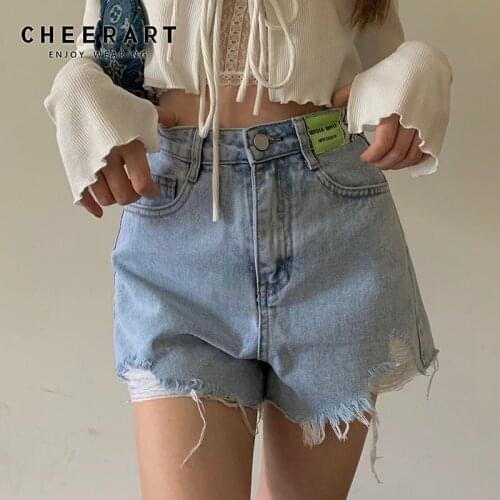 CHEERART Denim Shorts Women Summer 2021 Blue Ripped Distressed High Waisted Jean Shorts Fashion Bottoms Ulzzang Korean Style