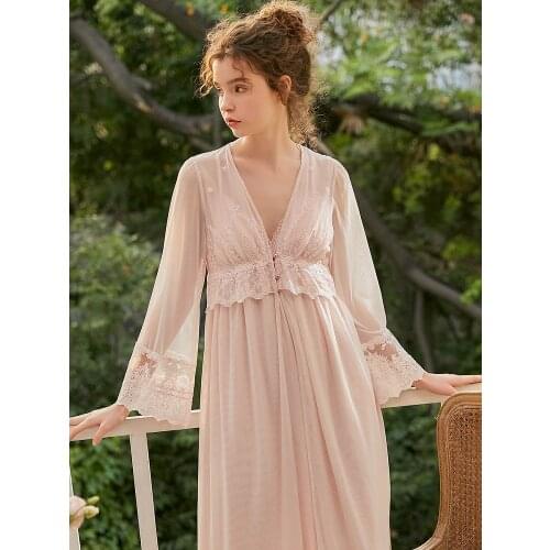 Spring Summer 2 Pieces Womens Robe Sets Long Sleeve Royal Roupas De Dormir Femininas White Embroidered Lace Sexy Sleepshirts