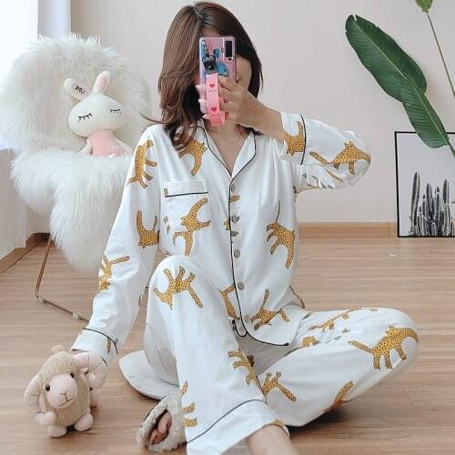 Ladies 100% Cotton Suit Leopard Print Long-sleeved Trousers Pajamas Suit Spring Autumn Winter Home Service Women