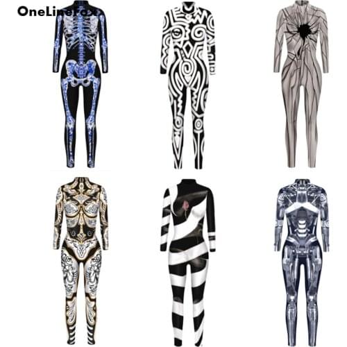 OneLineFox Female Halloween Costume For Women Cosplay Robot Printed Costumes Jumpsuit Skull Carnival Costume Bodysuit Rompers