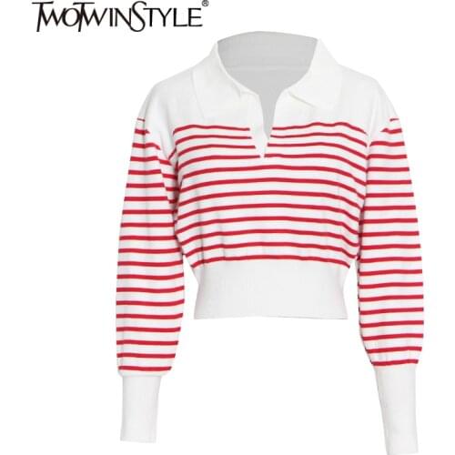 TWOTWINSTYLE Casual Colorblock Stripe Sweater For Women V Neck Long Sleeve High Waist Slim Short Sweaters Female 2021 Fashion