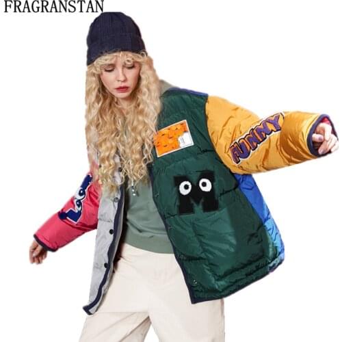 Female Winter Thicken Warm Down Jacket Women Hit Color Letter Cartoon Embroidery Sequins Parkas Plus Size Preppy Style Coat Q388