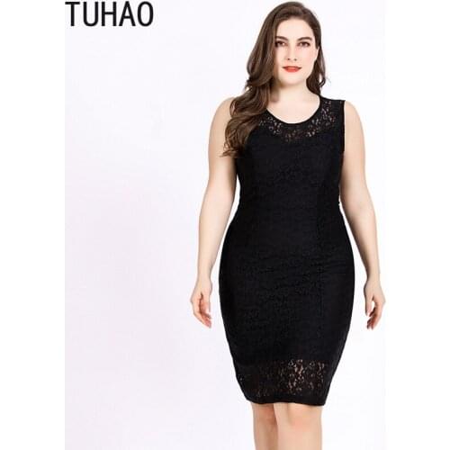 TUHAO 2020 Plus Size 6XL 5XL 4XL Womens Lace Dress Summer Sleeveless Hollow Out OL Pencil Elegant Woman Party Dresses WM28