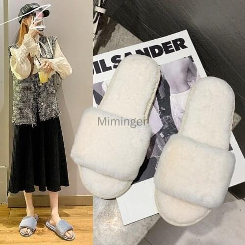 2021 Fluffy Home Slippers Women Faux Fur Slippers Cozy Furry Slides Open Toe Slip on Soft Slippers House Floor Plush Warm Shoes