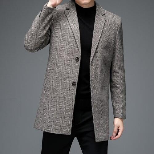 British Style Men Elegant Woolen Tweed Coat Autumn Winter Coffee Gray Single Breasted Wool Blend Overcoat Male Smart Casual Wear