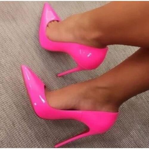 Carpaton Fashion Rose Pink Patent Leather High Heel Shoes Sexy Pointed Toe Thin Heels Woman Pumps Super High Party Wedding Shoes