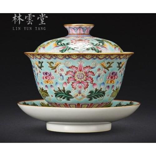 Lin Yuntang jingdezhen colored enamel covered bowl bowl tureen large tureen high-grade tea cups, green space