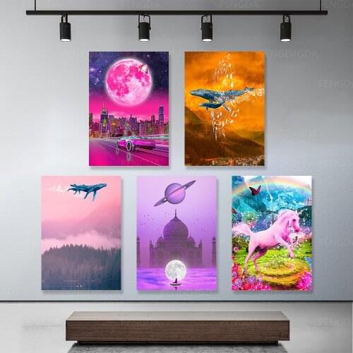Home Decor Wall Art Modern Planet Unicorn House Architecture Color Landscape Canvas Painting Print Modular Frame Poster Pictures