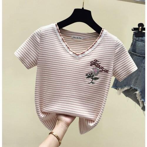 Embroidery T-Shirt Cotton Striped V Neck T Shirt Women Ladies Tshirt Summer Top Female 2021 Short Sleeve Casual Tee Shirt Femme