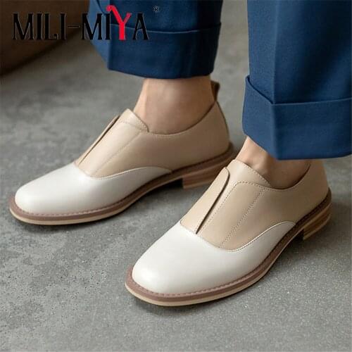 MILI-MIYA New Arrival Women Cow Leather Pumps Slip On Round Toe Low Square Heels Spring Autumn Handmade For Ladies Size 34-40