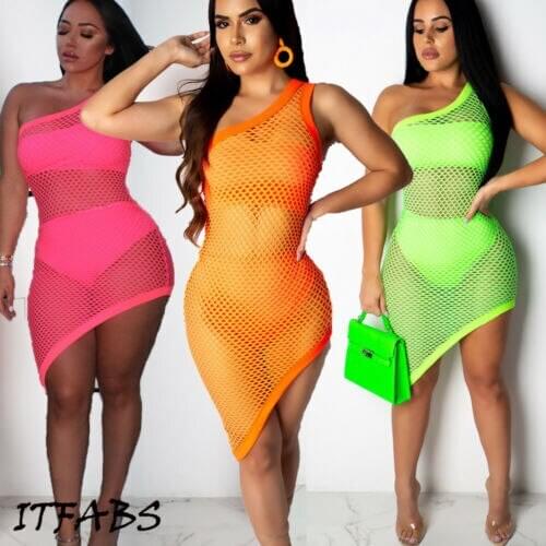 Fashion Women Solid Mesh Net Single Shoulder Casual Evening Party Summer Holiday Beach Cover Up Short Mini Dress Sundress