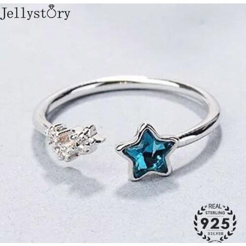 Jellystory Fashion S925 Sterling Silver Ring Fiver-pointed Star Sapphire Adjustable Open Rings for Wedding Party Ornaments Gifts
