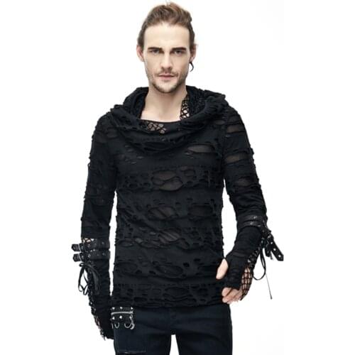 Rock Punk Spring Autumn Black Long Sleeve With Hooded Men T-Shirts Gothic Casual Hollow Out Fitted Tops Tees Cosplay Costumes