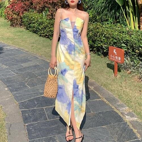 Summer new Nice female color matching ink tie-dye niche retro waist strap dress Cotton Casual Sheath Spaghetti Strap