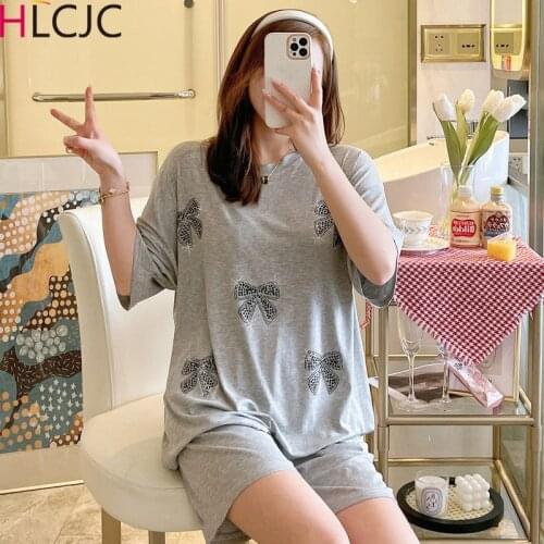 2021 New Summer Shining Bow Printed Womens Pajama Modal Two-piece Set Brief Fashion Short Sleeve Home Clothes Female Sleepwear