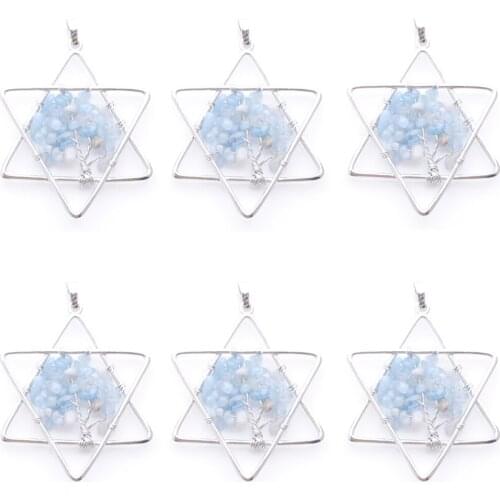 Wholesale 6Pcs Natural Stone Aquamarine Tree Of Life Handmade Wire Color Wire Wrapped Star Pendants For Jewelry Marking TN3807