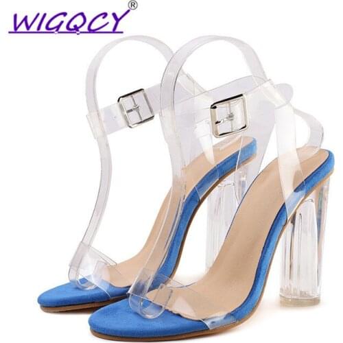 European and American sandals female 2019 summer word buckle high heel sandals personality transparent root womens shoes