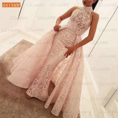 Sexy Pearl Pink Lace Evening Gowns 2020 High Neck Beach Women Dresses Party Long Formal Custom Made Vestidos De Fiesta De Noche