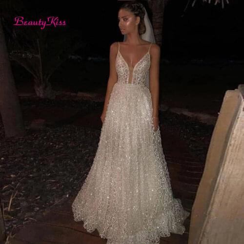 A-Line Princess Wedding Dresses Sexy Spaghetti Straps Glitter Tulle Bridal Gowns vestidos de novia Custom Made